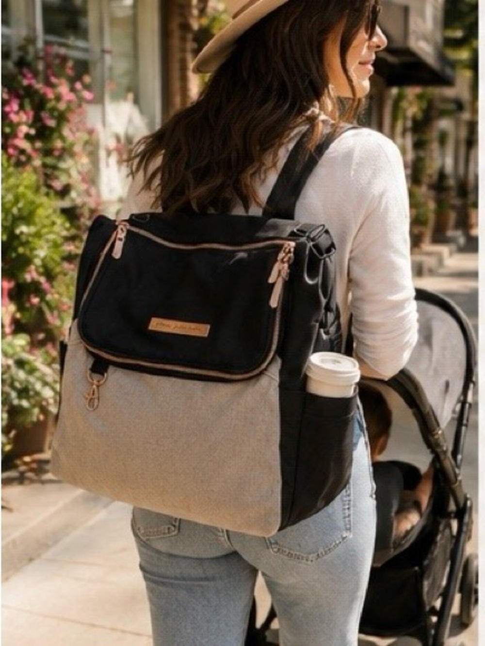 Petunia Pickle Bottom Diaper Bag Backpack Black Rose Gold Convertible Baby Bag